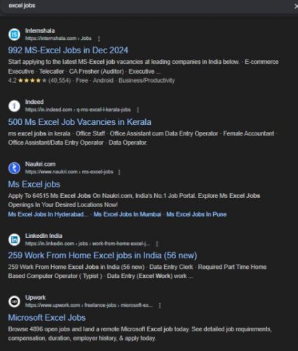 Microsoft Excel internship jobs in Cochin